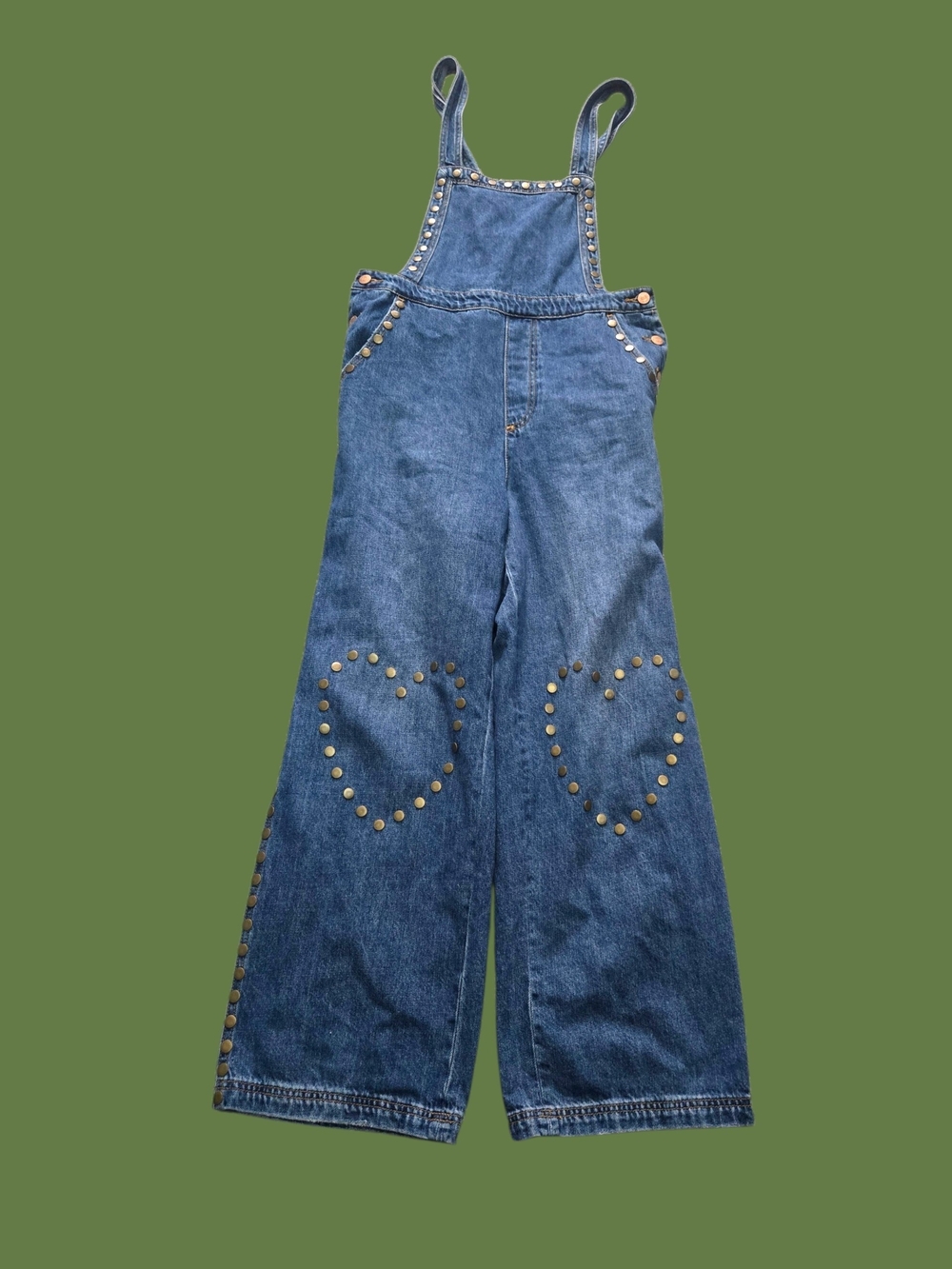 Studded Heart Denim Overalls - Blue